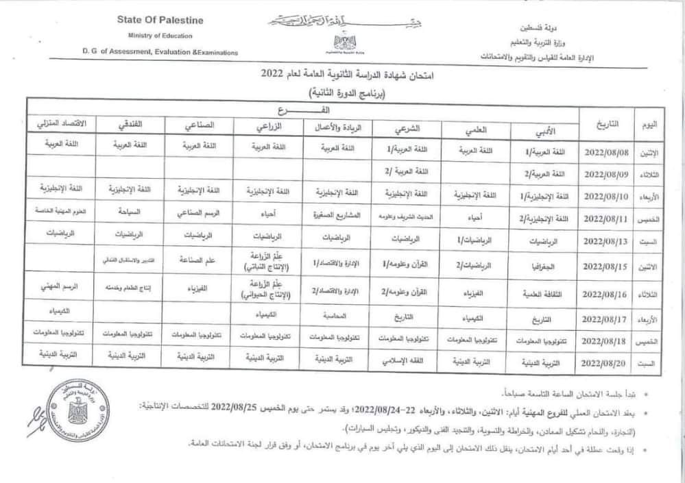 جدول الدورة الثانية من الثانوية العامة 2022