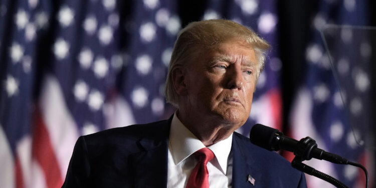 FILE - Former President Donald Trump speaks during a rally, July 7, 2023, in Council Bluffs, Iowa. Trump said Tuesday that he has received a letter informing him that he is a target of the Justice Department’s investigation into efforts to undo the results of the 2020 presidential election. Trump made the claim in a post on his Truth Social platform. (AP Photo/Charlie Riedel, File)