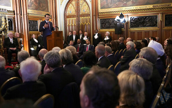 LONDON, ENGLAND - DECEMBER 3:  The Emir of the State of Qatar Sheikh Tamim bin Hamad Al Thani gestures as he visits the Palace of Westminster and addresses the house on day one of The Amir of the State of Qatar's visit to the United Kingdom on December 3, 2024 in London, England. His Highness Sheikh Tamim bin Hamad Al Thani, Amir of the State of Qatar, accompanied by Her Highness Sheikha Jawaher bint Hamad bin Suhaim Al Thani, will hold several engagements with The Prince and Princess of Wales, The King and Queen as well as political figures. (Photo by Kirsty Wigglesworth - WPA Pool / Getty Images)