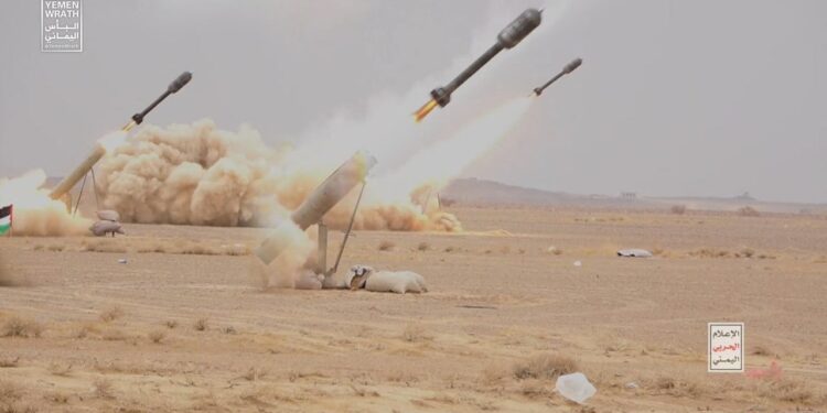 Projectiles are being launched during a military manoeuvre near Sanaa, Yemen, October 30, 2023. Houthi Media Center/Handout via REUTERS THIS IMAGE HAS BEEN SUPPLIED BY A THIRD PARTY